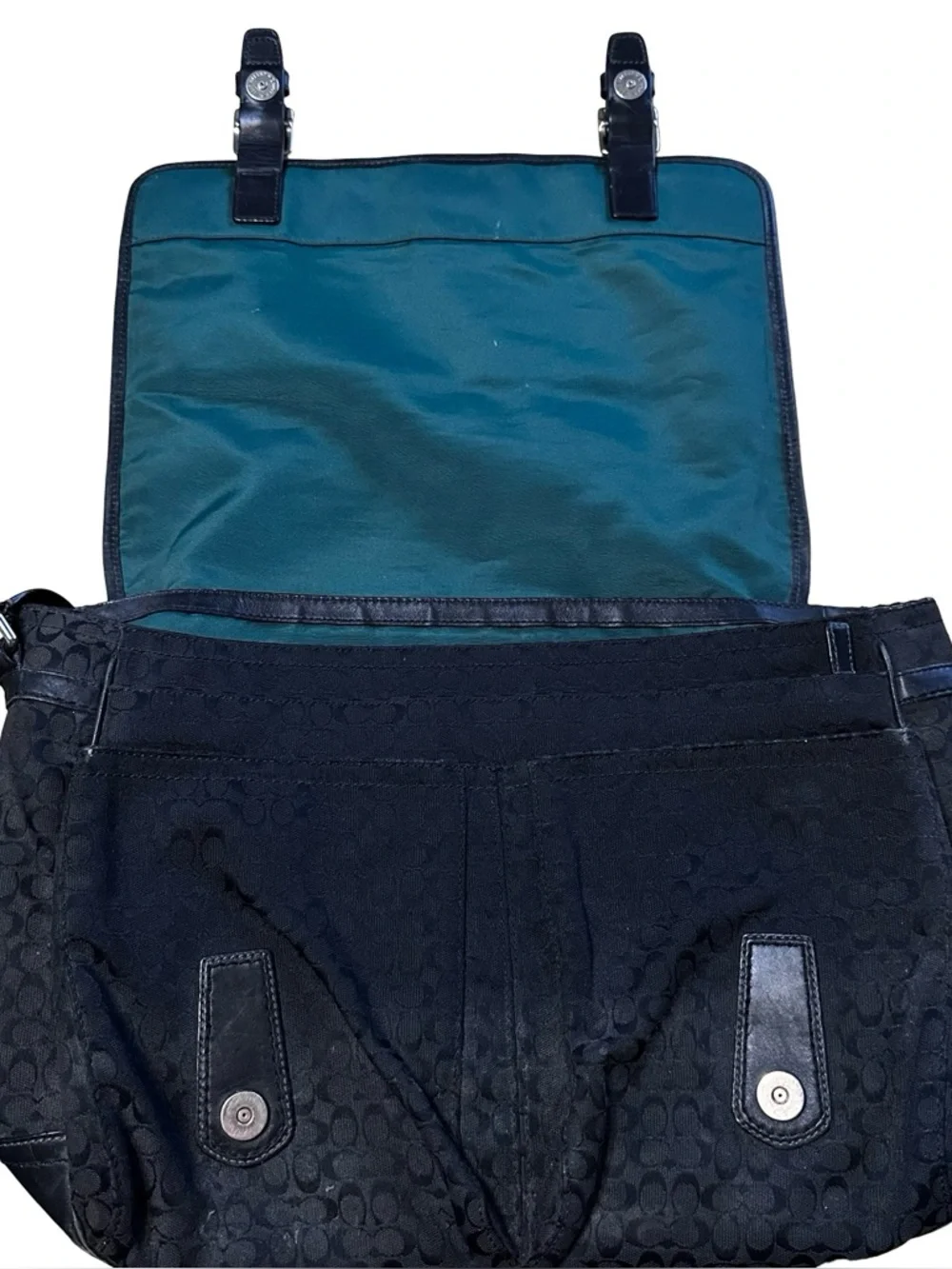 COACH Black Jacquard Messenger Bag Laptop Canvas Leather Trim Saddle Signature